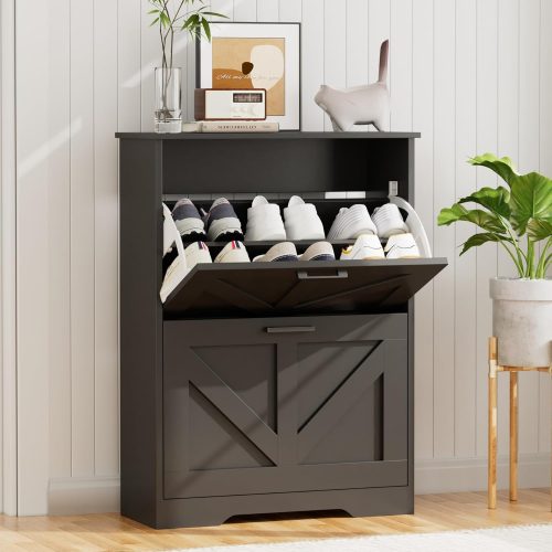 CT0438525JS_1 Homleke Farmhouse Shoe Cabinet for Entryway with 2 Barn-Style Flip Drawers, Narrow Shoe Storage Organizer with Top Display Shelf, Adjustable Shelves, Shoe Rack for Hallway, Closet- (Black, 24" Wide)