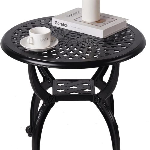 CT0438589JS_1 Cast Aluminum Outdoor Side Table,Small Patio Table,Outdoor Coffee Tables for Patio,Garden,Balcony, for All Weather (Black, Round)