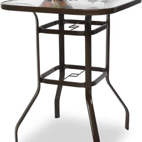VINGLI Outdoor Bar Table with Umbrella Hole, Metal Patio Bar Height Pub Table for Patio High Top (Brown)
