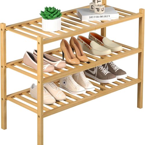 ROMGUAR CRAFT 3 Tier Bamboo Shoe Rack for Closet Free Standing Wood Shoe Shelf Storage Organizer for Entryway Small Space Stackable 27"x11"x20" (Natural)