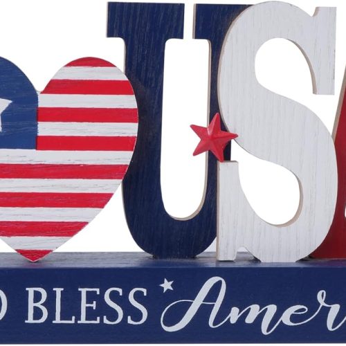 4th of July Decorations Patriotic Decor Wooden Memorial Day Decorations Red White Blue Sign I Love USA Table Centerpieces Tabletop Farmhouse Fourth of July Decoration for Home Office Tiered Tray Shelf Mantel 250th Anniversary