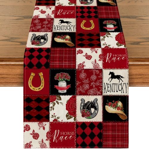 Artoid Mode Plaid Horseshoe Roses Horse Kentucky Table Runner, Festival Sports Holiday Kitchen Dining Table Decoration for Home Party Decor 13x72 Inch