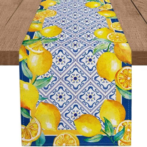 CT0439089JS_1 Capri Blue Lemon Table Runner Italy Tile Burlap Artificial Yellow Lemon Fruit Table Runners Farmhouse Coffee Table Center Decor for Home Kitchen Dining Party Patio Indoor Outdoor 13x72 Inch