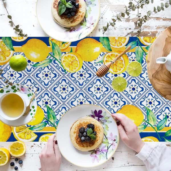 Capri Blue Lemon Table Runner Italy Tile Burlap Artificial Yellow Lemon Fruit Table Runners Farmhouse Coffee Table Center Decor for Home Kitchen Dining Party Patio Indoor Outdoor 13x72 Inch
