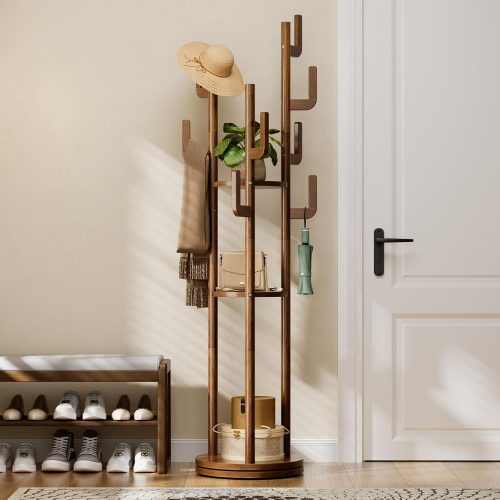 CT0439152JS_1 Yoobure Rotary Coat Rack Freestanding - Solid Wood Coat Tree with 9 hooks & 3 Storage Shelves for Purse, Bag, Jacket, Hat, Corner Hanger Stand Racks for Hall, Entryway, Office, Modern Clothes Holder