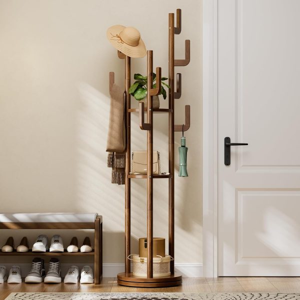 CT0439152JS_1 Yoobure Rotary Coat Rack Freestanding - Solid Wood Coat Tree with 9 hooks & 3 Storage Shelves for Purse, Bag, Jacket, Hat, Corner Hanger Stand Racks for Hall, Entryway, Office, Modern Clothes Holder