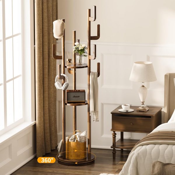 CT0439152JS_2 Yoobure Rotary Coat Rack Freestanding - Solid Wood Coat Tree with 9 hooks & 3 Storage Shelves for Purse, Bag, Jacket, Hat, Corner Hanger Stand Racks for Hall, Entryway, Office, Modern Clothes Holder