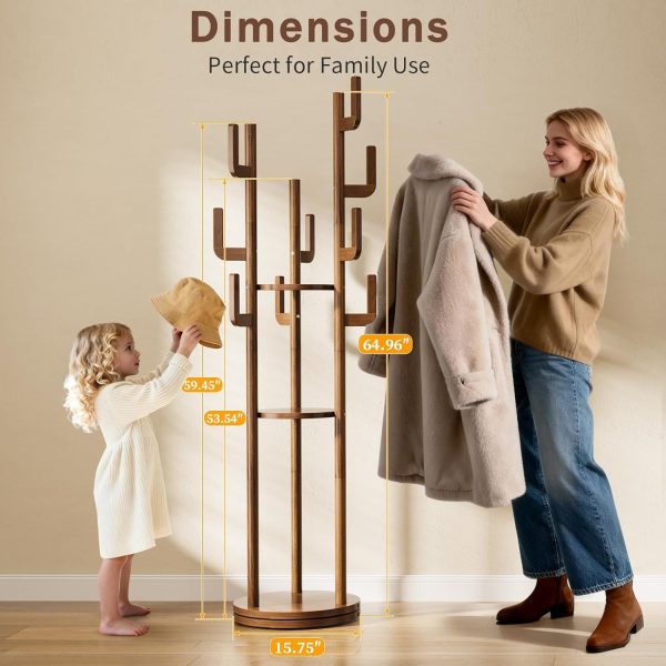 CT0439152JS_3 Yoobure Rotary Coat Rack Freestanding - Solid Wood Coat Tree with 9 hooks & 3 Storage Shelves for Purse, Bag, Jacket, Hat, Corner Hanger Stand Racks for Hall, Entryway, Office, Modern Clothes Holder