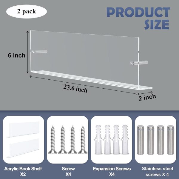 CT0439198JS_2 DuvinDD 2 Pack Acrylic Magazine Holder Rack Brochure Holder Wall Mount 24 inch Clear Hanging Magazine Rack Floating Bookshelf for Literature Pamphlet Organizer for Room Office, with Mounting Kit