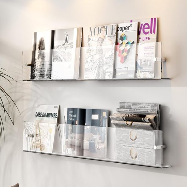 CT0439198JS_4 DuvinDD 2 Pack Acrylic Magazine Holder Rack Brochure Holder Wall Mount 24 inch Clear Hanging Magazine Rack Floating Bookshelf for Literature Pamphlet Organizer for Room Office, with Mounting Kit