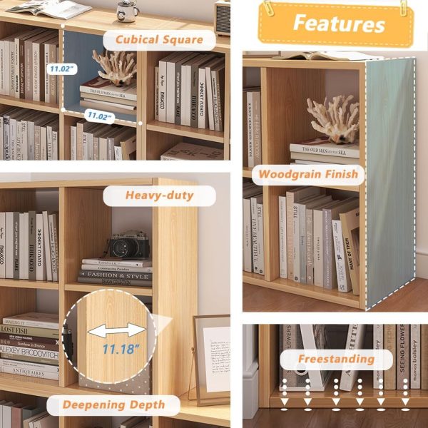 CT0439215JS_3 NELYE 8 Cube Organizer Bookcase Oak Open Shelf | Suitable for 11-inch Fabric Storage Bins, Simple Compartments Bookshelf, Holds 20 Lbs per Cube