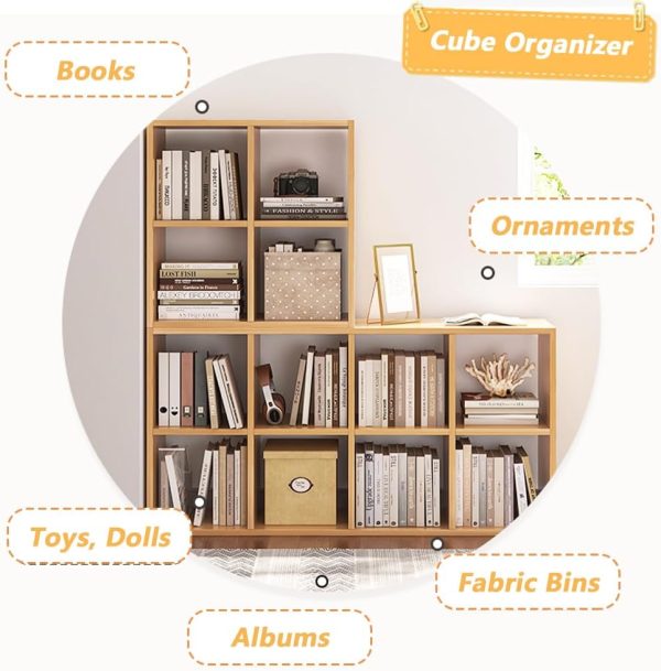 CT0439215JS_4 NELYE 8 Cube Organizer Bookcase Oak Open Shelf | Suitable for 11-inch Fabric Storage Bins, Simple Compartments Bookshelf, Holds 20 Lbs per Cube