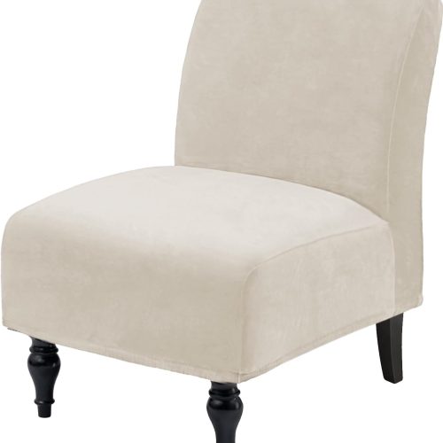 CT0439355JS_1 Velvet Armless Accent Chair Covers Luxury Thick Velvet Chair Slipcovers, Removable Furniture Protector for Living Dining Room Hotel, Ivory