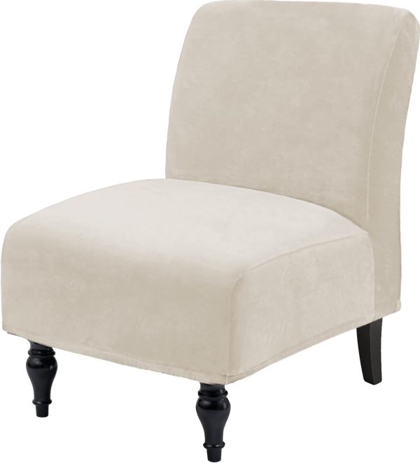 Velvet Armless Accent Chair Covers Luxury Thick Velvet Chair Slipcovers, Removable Furniture Protector for Living Dining Room Hotel, Ivory