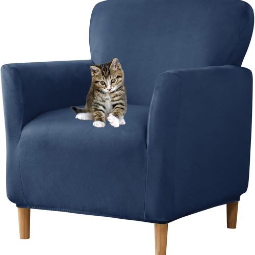 Stretch Chair Covers with Arms 1-Piece Banquet Armchair Slipcover Velvet Mid Century Modern Armchair Slipcover Anti-Slip Furniture Protector for Living Room Friendly for Kids Pets (Navy)