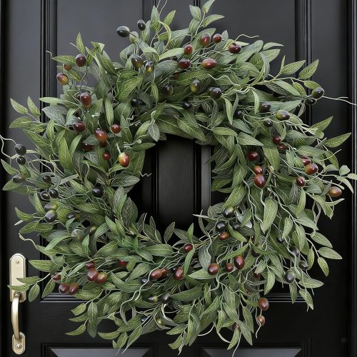 CT0439409JS_1 Olive Wreath 26 Inch Wreaths for Front Door with Purely Handmade Realistic Dense Olive Leaf Olive Berry, Elegant Home Decor Wreath Ideal for Front Door, Hallways, Any Area You Want to Brighten