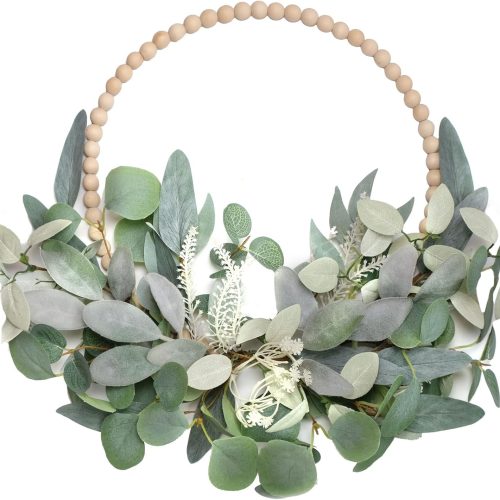 TEMPUS 16” Artificial Wood Bead Eucalyptus Wreath - Indoor/Outdoor Seasonal Farmhouse Door Decor with Artificial Greenery Perfect