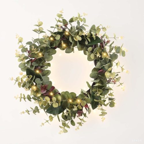 CT0439461JS_1 26 Inch Eucalyptus Wreaths for Front Door Spring Summer Fall Wreath with Eucalyptus Leaves,Magnolia Leaves, Green Decor for Porch, Window, Farmhouse, Home, with LED Lights