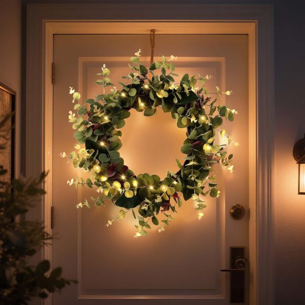 26 Inch Eucalyptus Wreaths for Front Door Spring Summer Fall Wreath with Eucalyptus Leaves,Magnolia Leaves, Green Decor for Porch, Window, Farmhouse, Home, with LED Lights