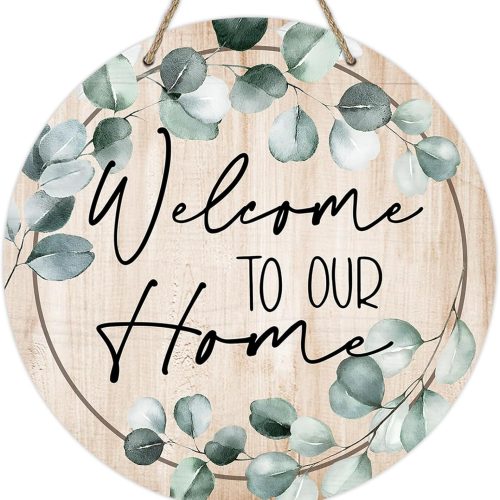 Deroro Welcome To Our Home Front Door Sign, Spring Summer Eucalyptus Leaves Wood Door Hanger Outdoor Outside Porch Decor, Farmhouse Rustic Wooden Wreath Indoor Wall Hanging Decoration
