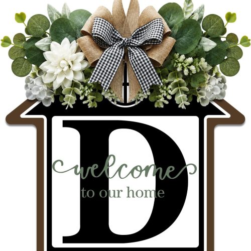 Large 14" Last Name House Front Door Wreath Decor for All Seasons, 26 Initial Letter Wreaths for Front Door Porch Welcome Garland and Eucalyptus Hanging Gift for Farmhouse Welcome Sign (D)