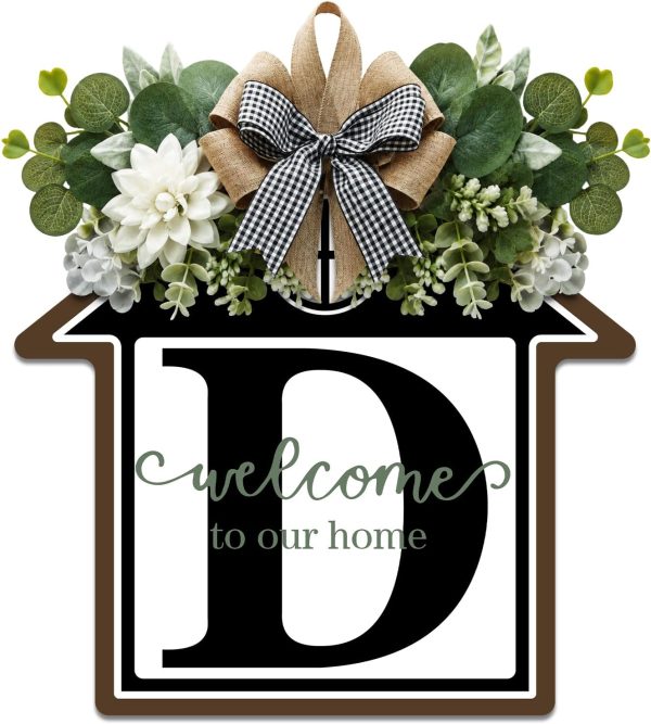 CT0439514JS_1 Large 14" Last Name House Front Door Wreath Decor for All Seasons, 26 Initial Letter Wreaths for Front Door Porch Welcome Garland and Eucalyptus Hanging Gift for Farmhouse Welcome Sign (D)