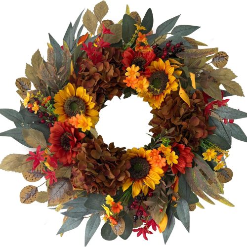 HipTree 24 Inch Fall Sunflower Hydrangea Wreath Autumn Front Door Wreath | Artificial Thanksgiving Wreath with Eucalyptus Leaves, Harvest Wreath for Indoor Outdoor Porch Farmhouse Home Decor