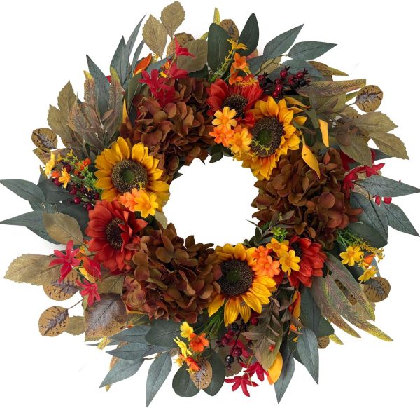 HipTree 24 Inch Fall Sunflower Hydrangea Wreath Autumn Front Door Wreath | Artificial Thanksgiving Wreath with Eucalyptus Leaves, Harvest Wreath for Indoor Outdoor Porch Farmhouse Home Decor
