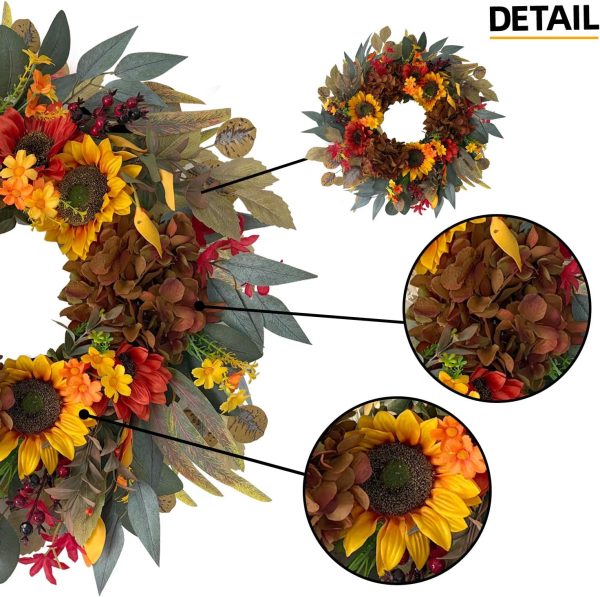 HipTree 24 Inch Fall Sunflower Hydrangea Wreath Autumn Front Door Wreath | Artificial Thanksgiving Wreath with Eucalyptus Leaves, Harvest Wreath for Indoor Outdoor Porch Farmhouse Home Decor