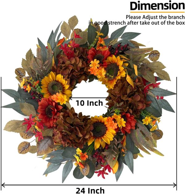 HipTree 24 Inch Fall Sunflower Hydrangea Wreath Autumn Front Door Wreath | Artificial Thanksgiving Wreath with Eucalyptus Leaves, Harvest Wreath for Indoor Outdoor Porch Farmhouse Home Decor