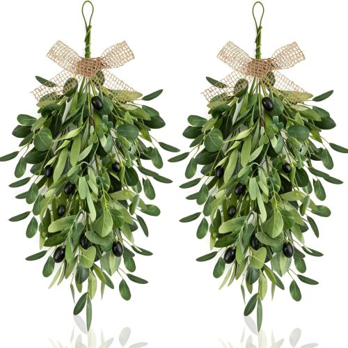 22" Spring Wreaths for Front Door 2 PCS Olive Teardrop Swag Summer Wreathswith Olive Leaf Fruit, Home Decoration for Outdoor Living Room Indoor Wall and Outside Summer All Season Wedding