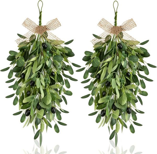 22" Spring Wreaths for Front Door 2 PCS Olive Teardrop Swag Summer Wreathswith Olive Leaf Fruit, Home Decoration for Outdoor Living Room Indoor Wall and Outside Summer All Season Wedding