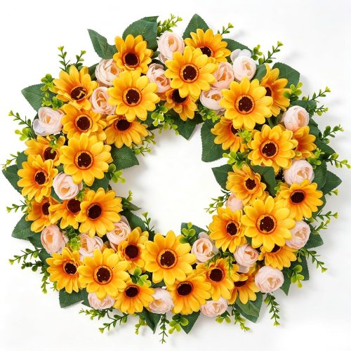 24in Sunflower Wreaths for Front Door Summer Wreath with Sunflower Peony | Made of 50 Blooms Yellow Wreath for Home Porch Mantel Window Wall Outdoor Indoor Season Decor