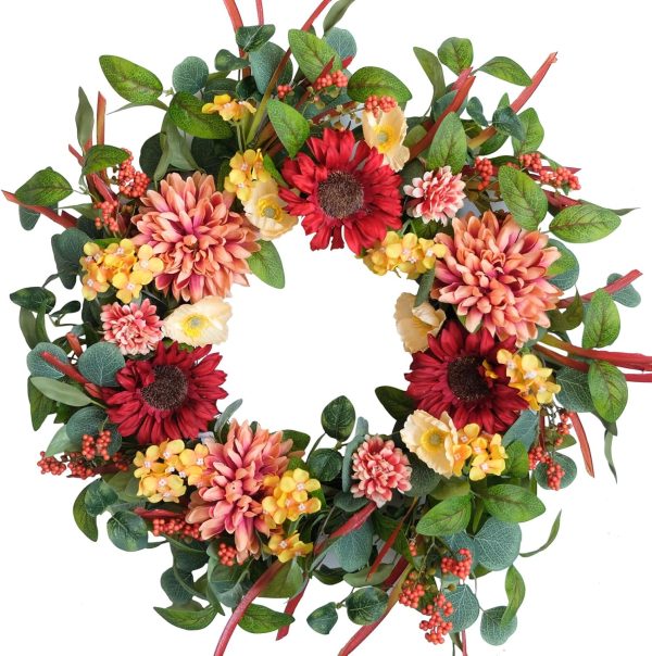 TEMPUS 24 Inch Spring Summer Wreath for Front Door – Artificial Sunflower & Dahlia Floral Wreath for Farmhouse Home Decor, Porch, Wall, Window, Wedding Party Decoration