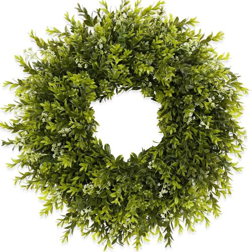 CT0439672JS_1 28'' Large Boxwood Wreath for Front Door Porch Window Artificial Boxwood Leaves with White Seed Greenery Outdoor Indoor Wreath for Home Farmhouse Wall Decor Spring Summer Fall All Seasons (Green)