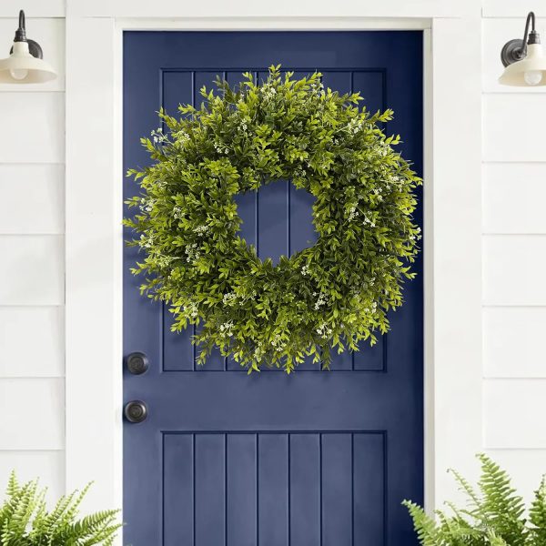 28'' Large Boxwood Wreath for Front Door Porch Window Artificial Boxwood Leaves with White Seed Greenery Outdoor Indoor Wreath for Home Farmhouse Wall Decor Spring Summer Fall All Seasons (Green)