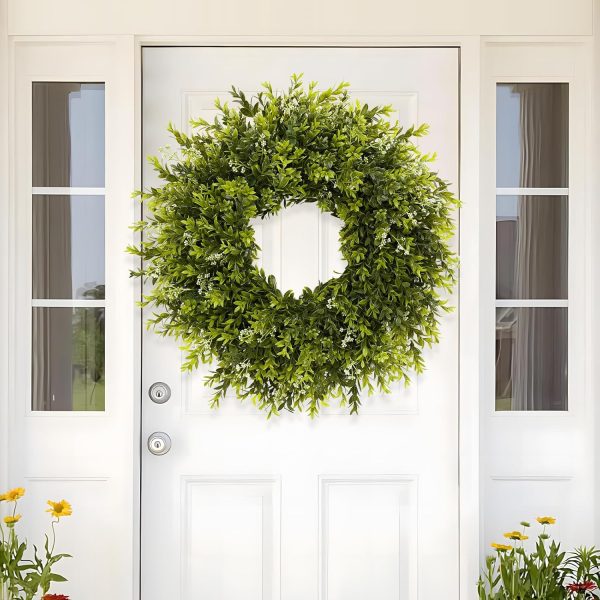 28'' Large Boxwood Wreath for Front Door Porch Window Artificial Boxwood Leaves with White Seed Greenery Outdoor Indoor Wreath for Home Farmhouse Wall Decor Spring Summer Fall All Seasons (Green)