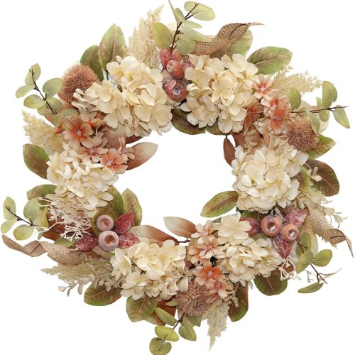 18 Inch Lush Fall Wreath for Front Door, Boho Brown Outdoor Wreath with Faux Dried Hydrangea Pampas Burlap & Flowers, Farmhouse Fall Winter Thanksgiving Harvest Décor