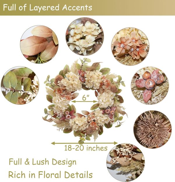 18 Inch Lush Fall Wreath for Front Door, Boho Brown Outdoor Wreath with Faux Dried Hydrangea Pampas Burlap & Flowers, Farmhouse Fall Winter Thanksgiving Harvest Décor