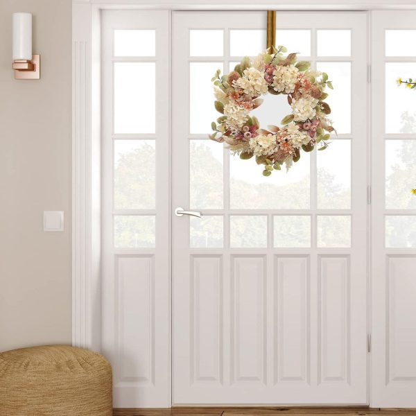 18 Inch Lush Fall Wreath for Front Door, Boho Brown Outdoor Wreath with Faux Dried Hydrangea Pampas Burlap & Flowers, Farmhouse Fall Winter Thanksgiving Harvest Décor