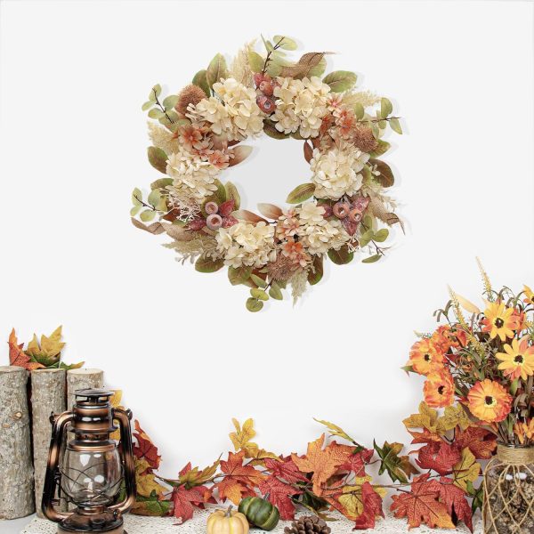 18 Inch Lush Fall Wreath for Front Door, Boho Brown Outdoor Wreath with Faux Dried Hydrangea Pampas Burlap & Flowers, Farmhouse Fall Winter Thanksgiving Harvest Décor