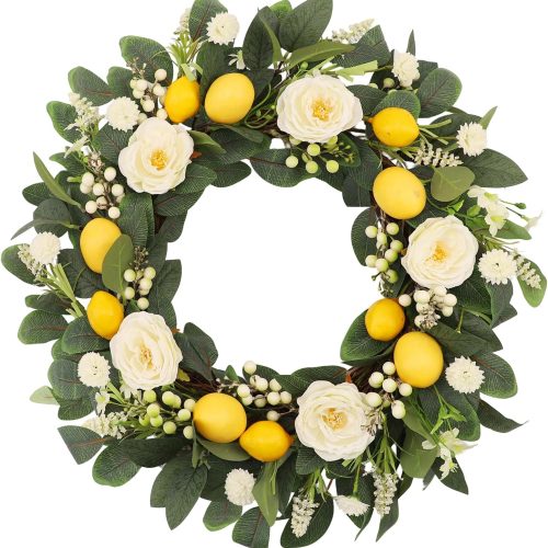 22 Inch Lemon Floral Wreath with White Peonies and Eucalyptus Leaves, Summer Front Door Wreath, Farmhouse Decor for Spring Summer Indoor Outdoor Use