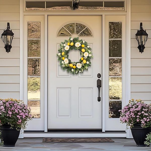 22 Inch Lemon Floral Wreath with White Peonies and Eucalyptus Leaves, Summer Front Door Wreath, Farmhouse Decor for Spring Summer Indoor Outdoor Use