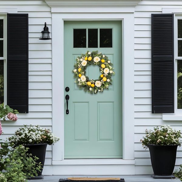 22 Inch Lemon Floral Wreath with White Peonies and Eucalyptus Leaves, Summer Front Door Wreath, Farmhouse Decor for Spring Summer Indoor Outdoor Use