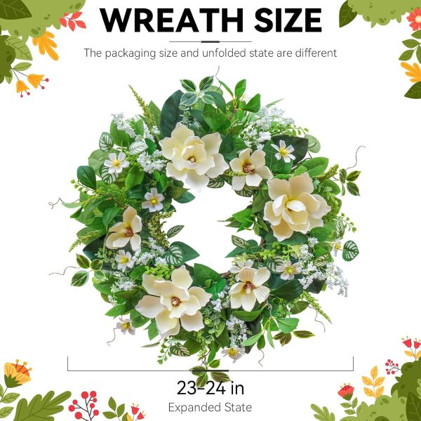 24 Inch Spring and Summer Magnolia Wreath for Front Door, Artificial White Magnolia with Berries and Greenery, Spring and Summer Door Wreath for Indoor Outdoor Decor