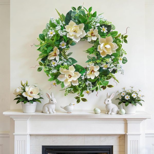24 Inch Spring and Summer Magnolia Wreath for Front Door, Artificial White Magnolia with Berries and Greenery, Spring and Summer Door Wreath for Indoor Outdoor Decor
