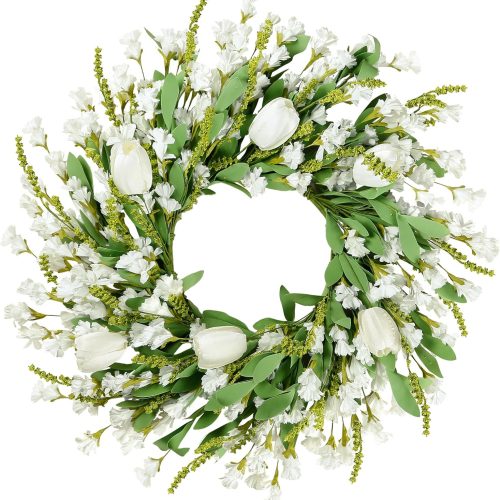 Sggvecsy Spring Summer Wreath for Front Door 22 Inch Artificial White Flower with White Tulips Greenery Leaves Lavender for All Seasons Home Farmhouse Indoor Outdoor Wall Decor