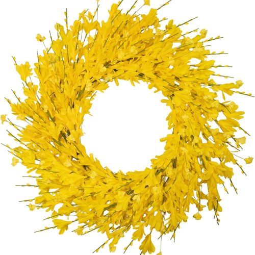 24 Inch Artificial Yellow Forsythia Flower Wreaths, Silk Leaves Paper Floral Wreath for Front Door, Spring Summer Decor, All Season Wreath for Wall Window Farmhouse Wedding Home Decor