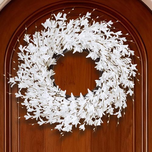 GTIDEA Summer Wreath, 24" Summer Door Wreath for Front Door Wreath, White | White Forsythia Flower Wreath on Grapevine, Floral Wreath for Home Indoor Outdoor Wall Window Porch Farmhouse Door Decor