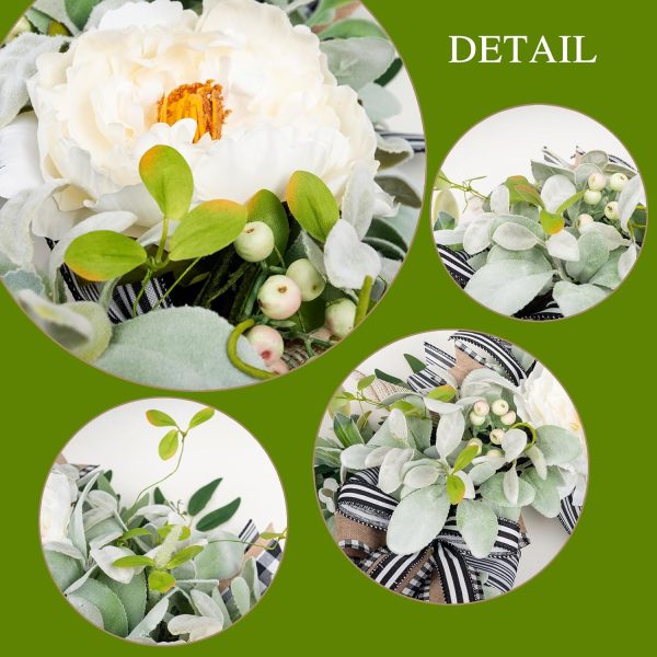 WREATHOME Lambs Ear Wreaths for Farmhouse Front Door Outside Year Round | 20'' Artificial Spring Summer Fall Winter Wreath with Peony Buffalo Bow Green Handmade Everyday Home Decor